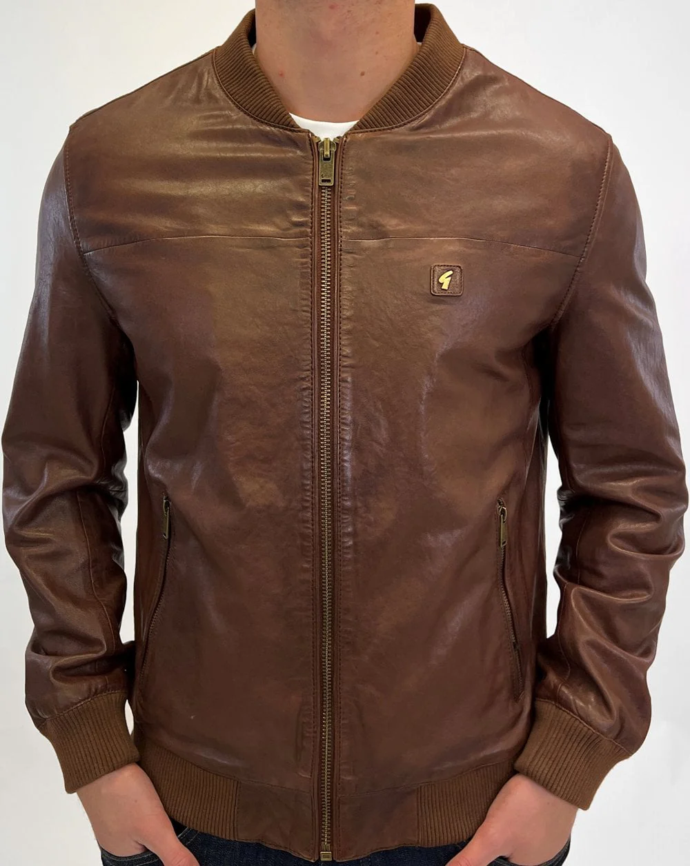 Gabicci Vintage Leather Bomber Jacket Brown - Image 3