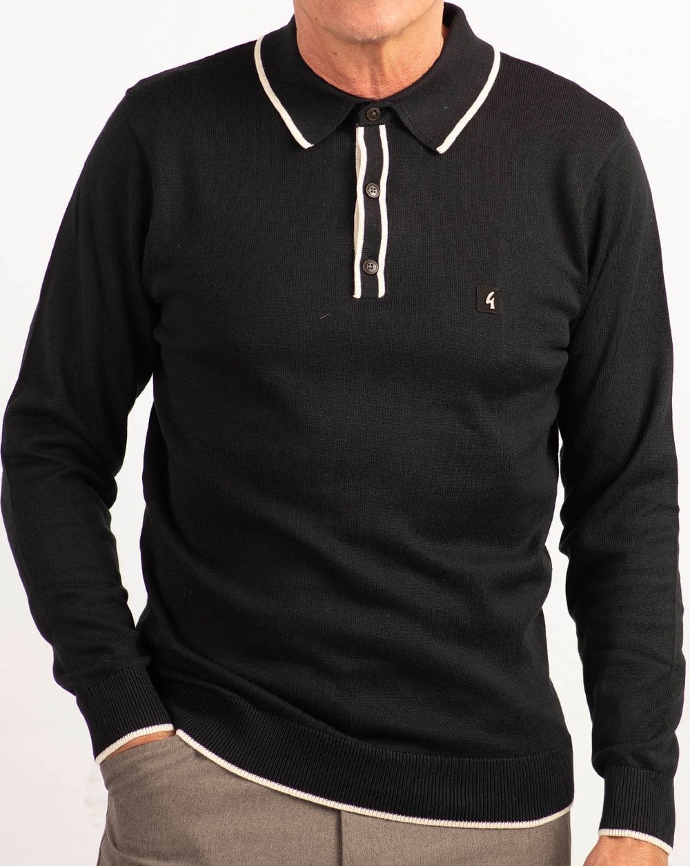 Gabicci Vintage Lineker Long Sleeve Knitted Polo Black - Image 2