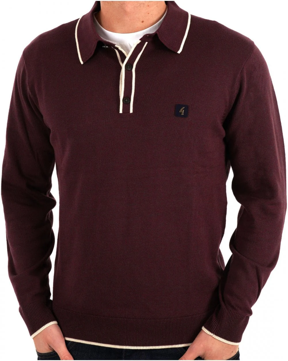Gabicci Vintage Lineker LS Knitted Polo Berry - Image 3