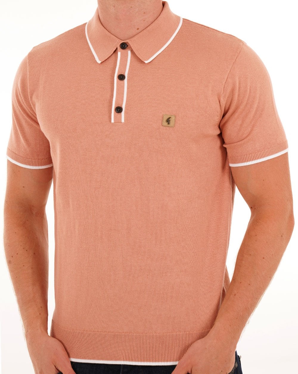 Gabicci Vintage Lineker Tipped Knitted Polo Peach - Image 2