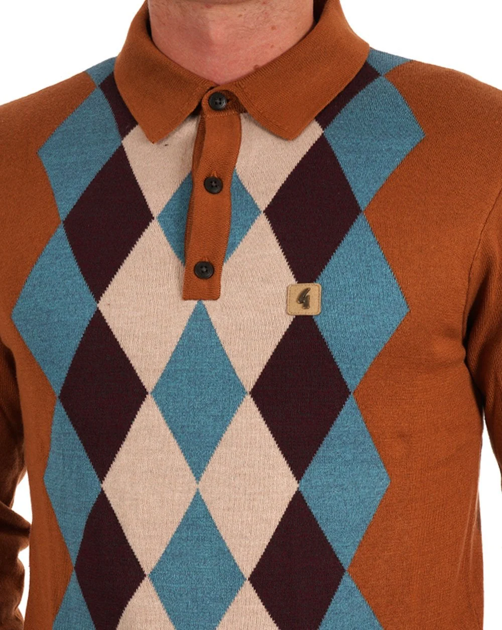 Gabicci Vintage Pablo Diamond Knit LS Polo Walnut - Image 2