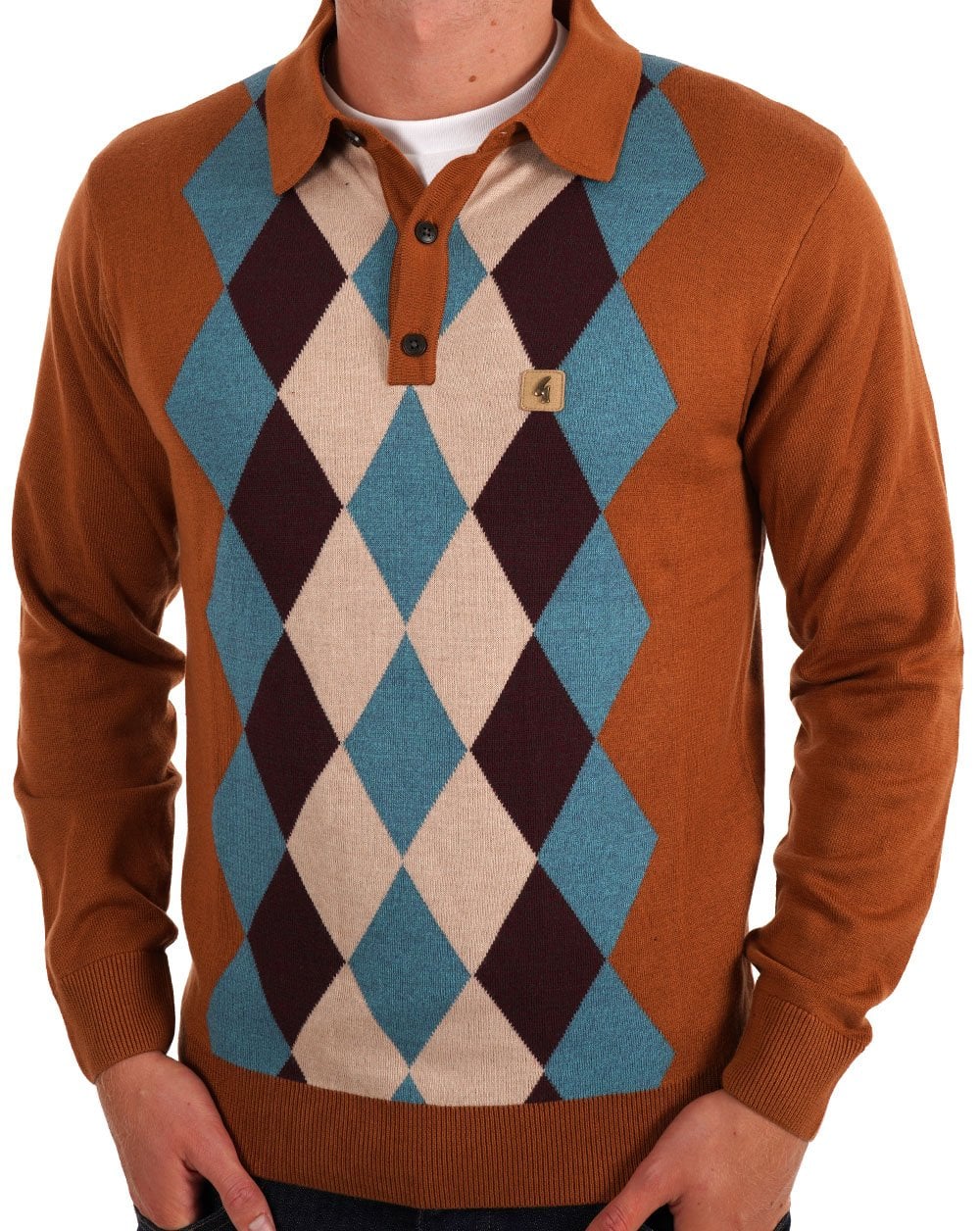 Gabicci Vintage Pablo Diamond Knit LS Polo Walnut - Image 3