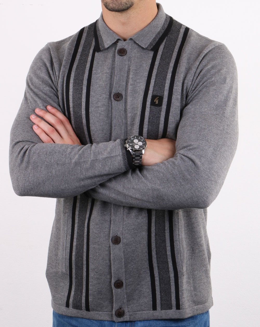 Gabicci Vintage Polo Full Button Grey - Image 3