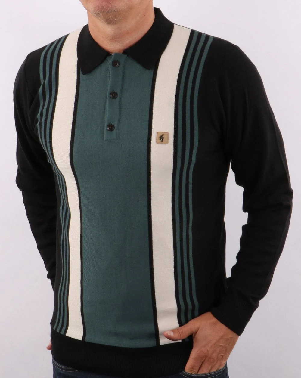 Gabicci Vintage Searle Knit Polo Black/Teal Green - Image 2
