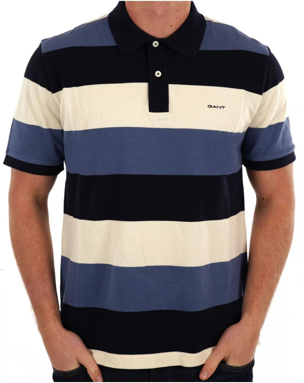 Gant Block Striped Pique Polo Shirt Navy Blue