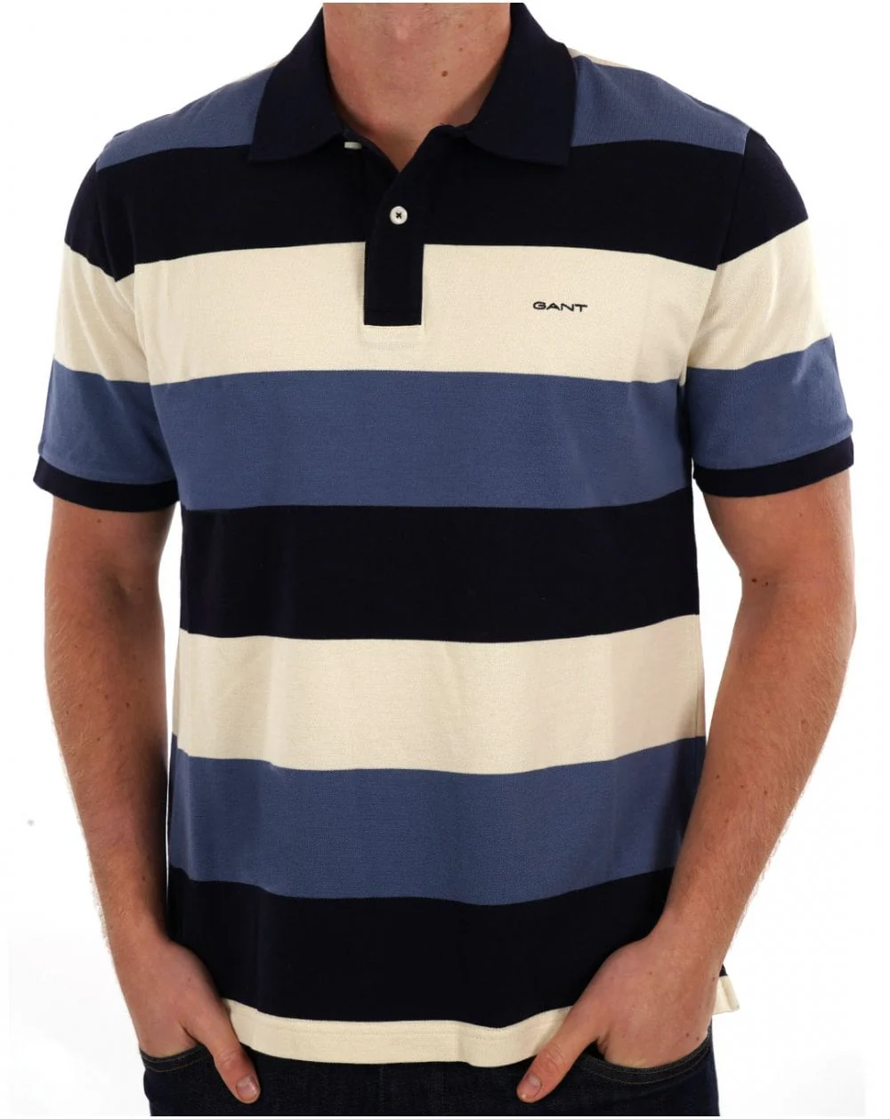 Gant Block Striped Pique Polo Shirt Navy Blue - Image 3
