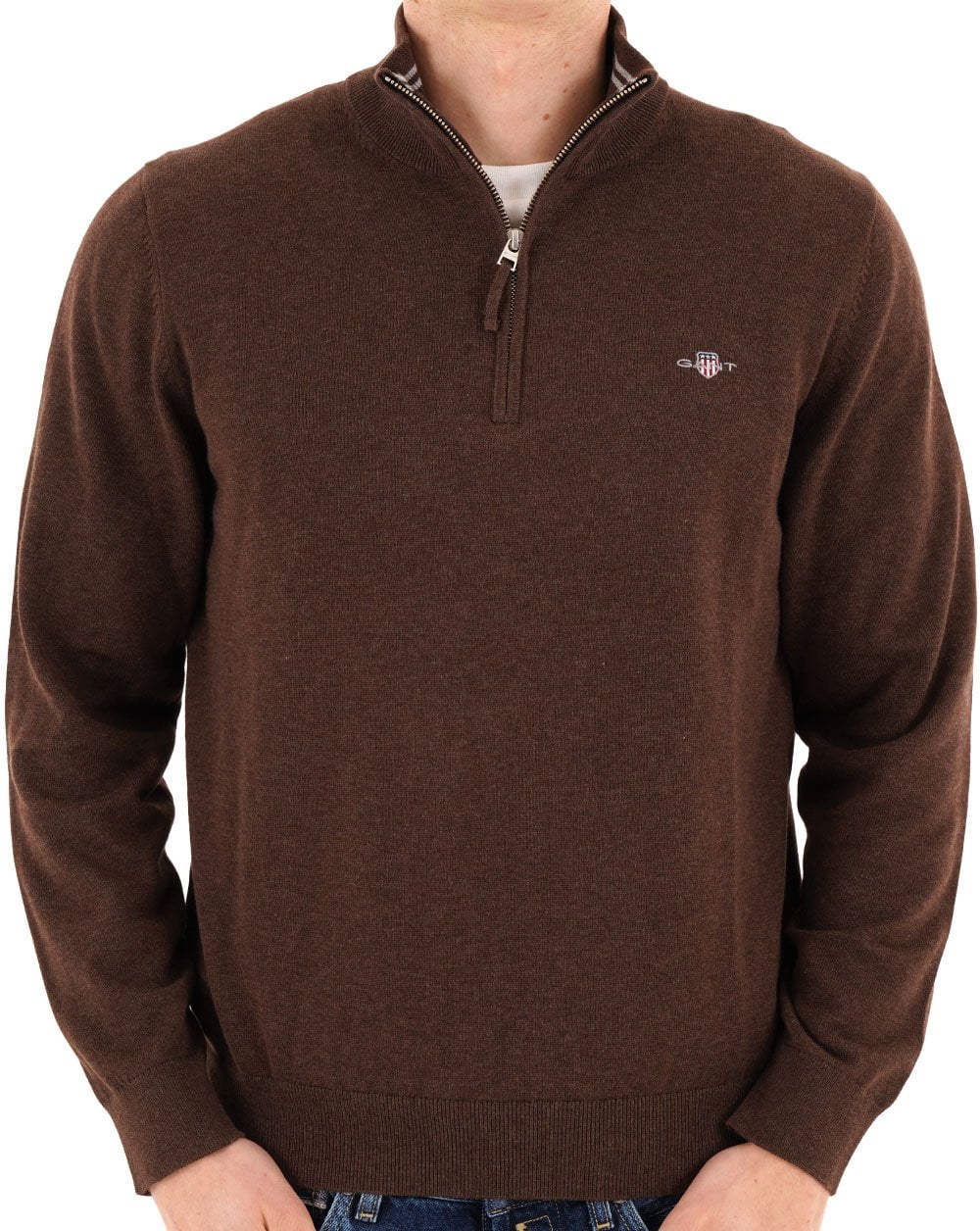 Gant Classic Cotton Half Zip Jumper Brown Melange - Image 3