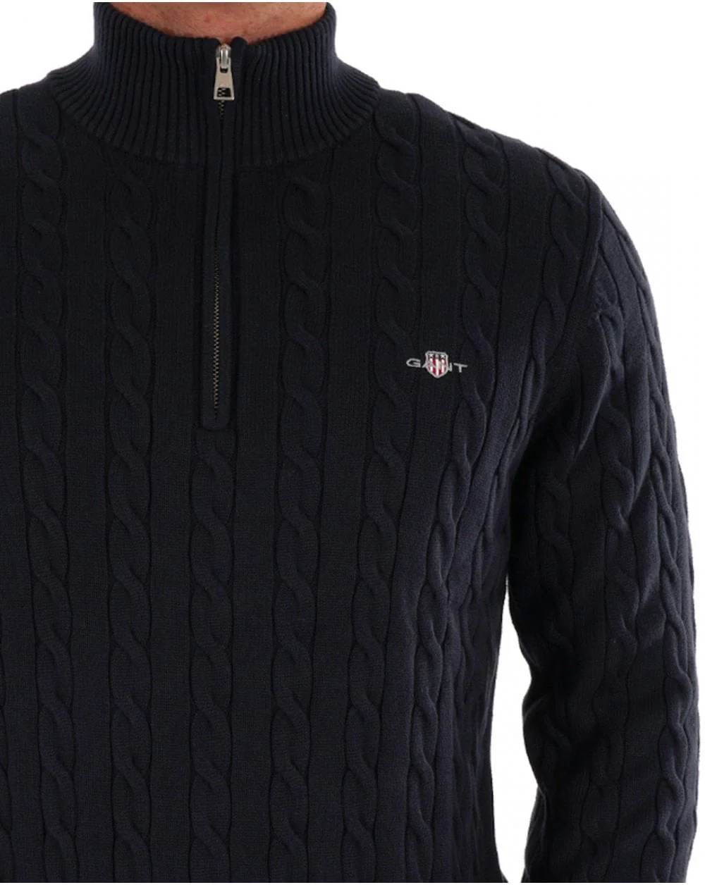 Gant Cotton Cable Knit Half Zip Sweater Navy Blue - Image 2