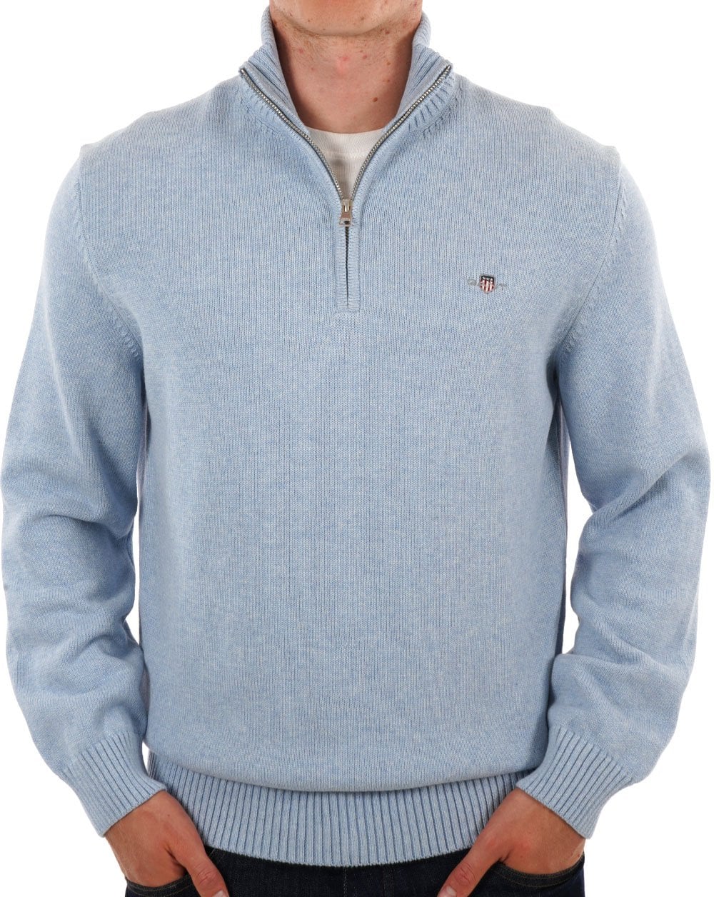 Gant Cotton Half Zip Sweater Light Blue Melange - Image 3