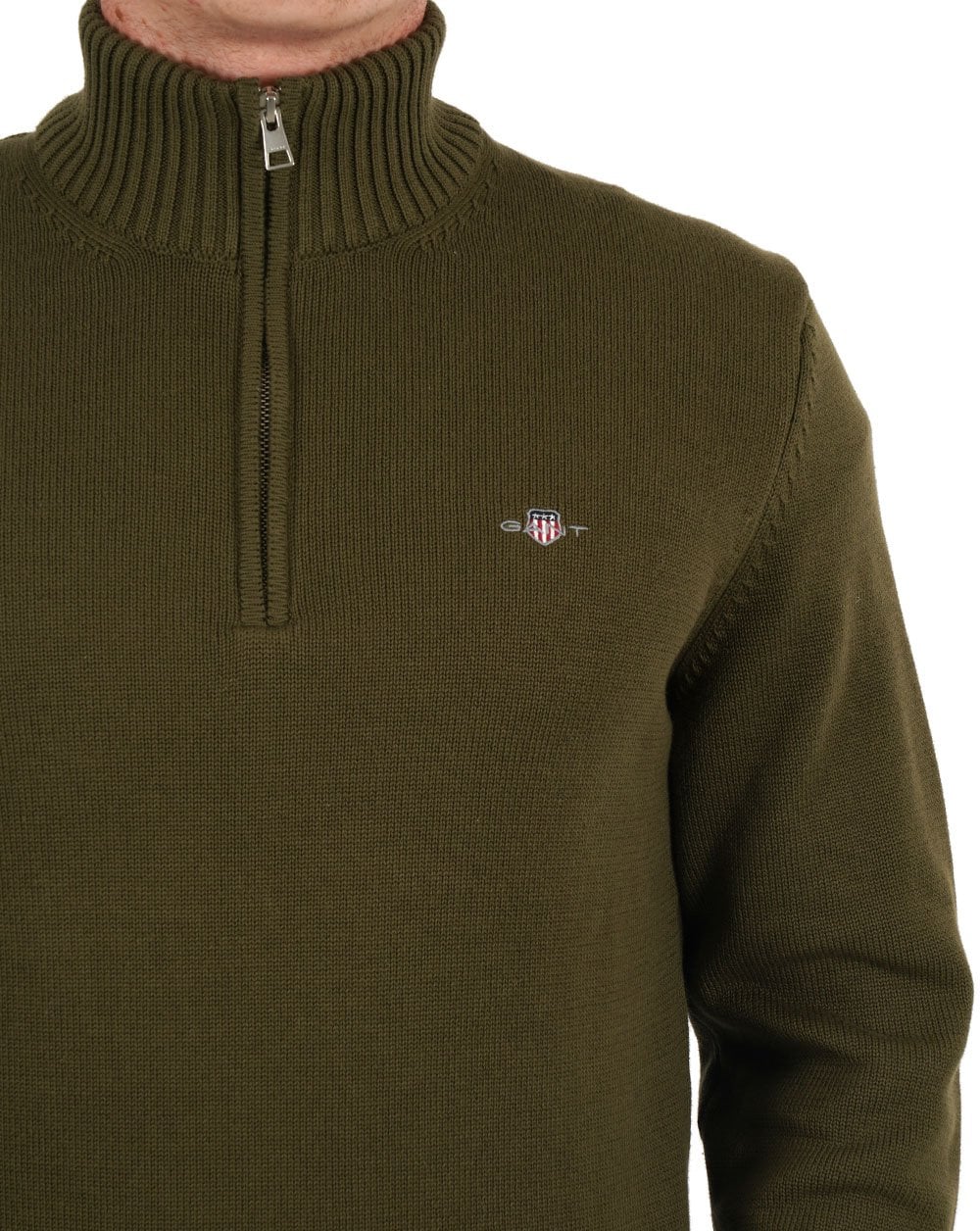 Gant Cotton Half Zip Sweater Olive Green - Image 2