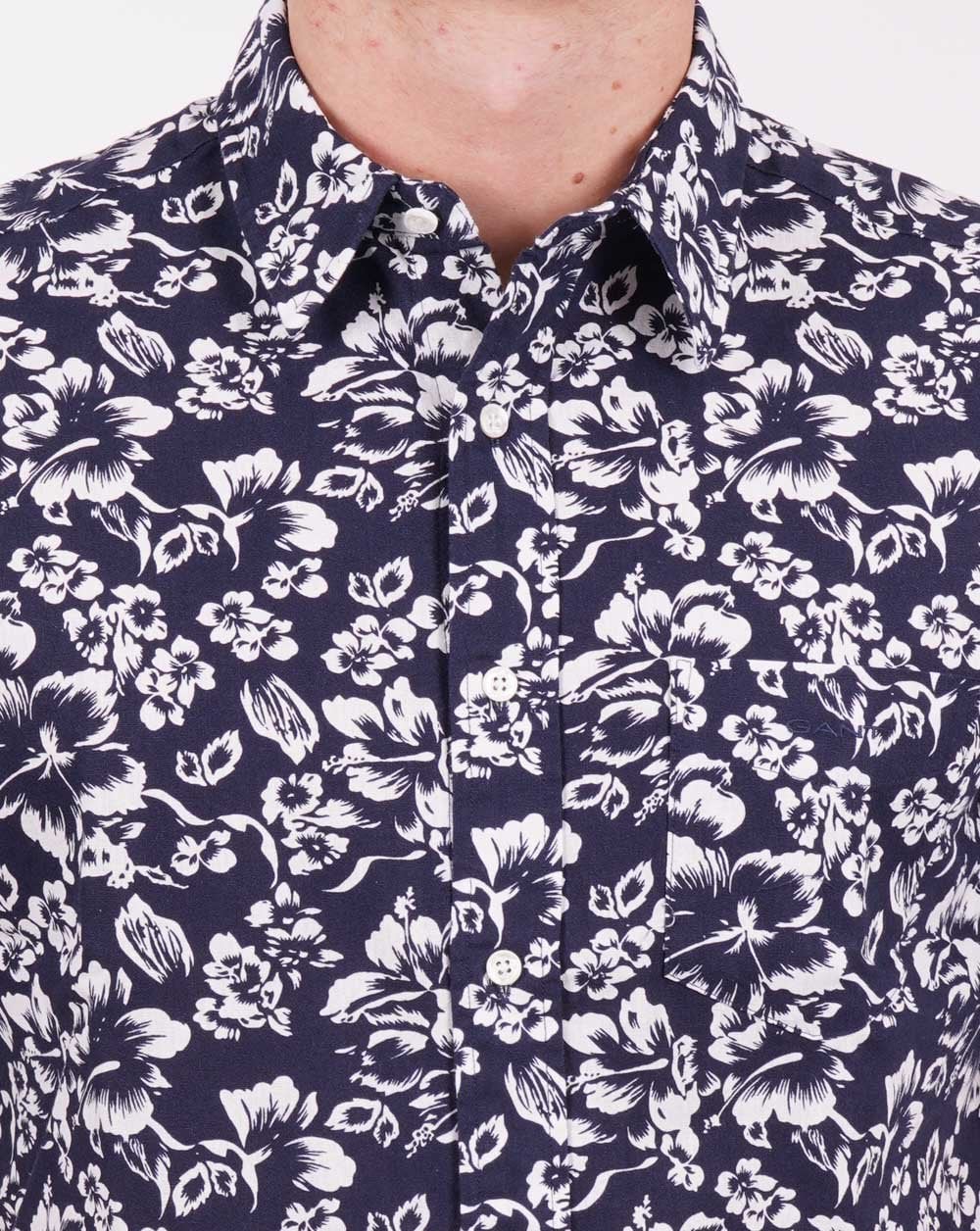 Gant Floral Cotton Linen SS Shirt Navy - Image 3