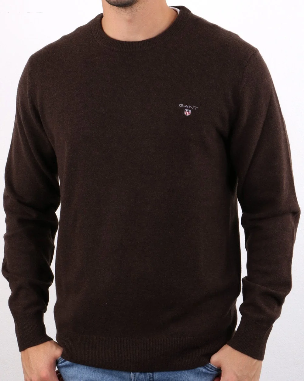 Gant Lambswool Crew Neck Jumper Dark Brown