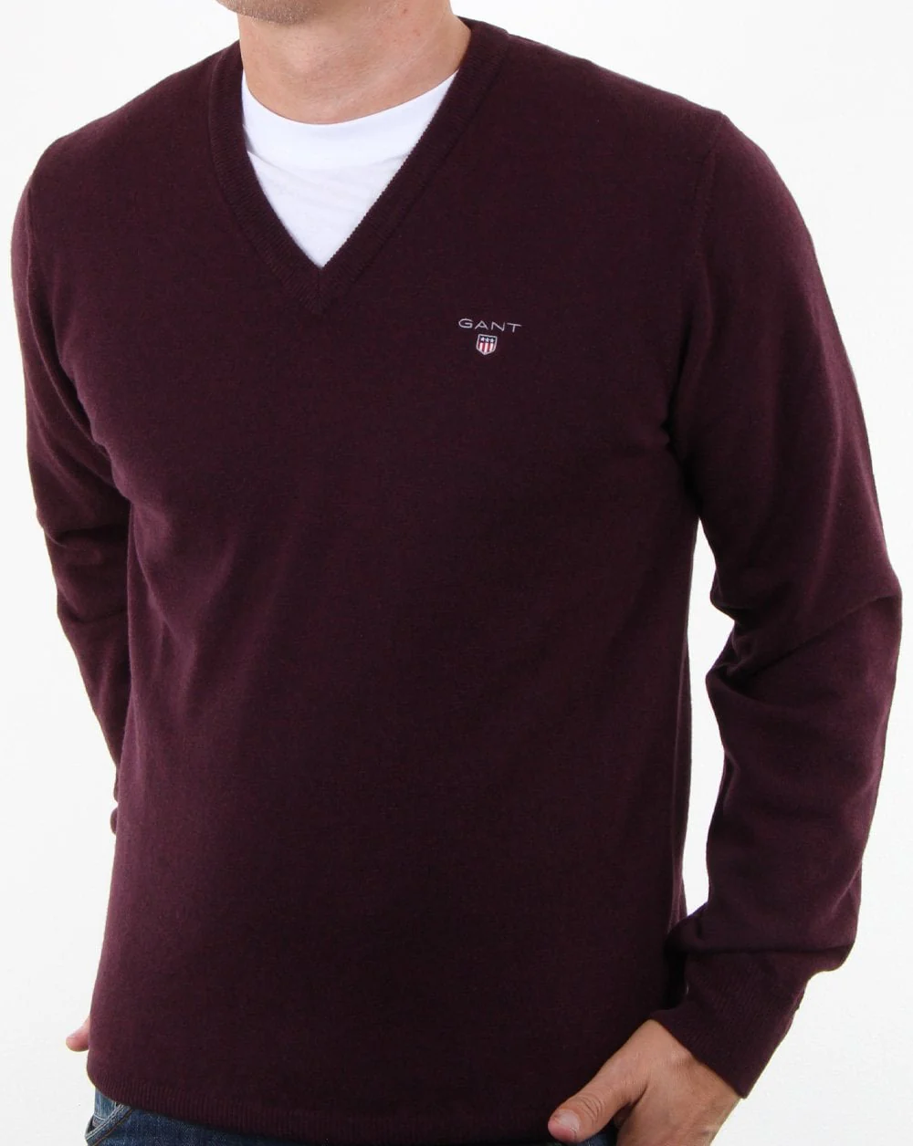 Gant Super Fine Lambswool V-neck Jumper Dark Burgundy - Image 3