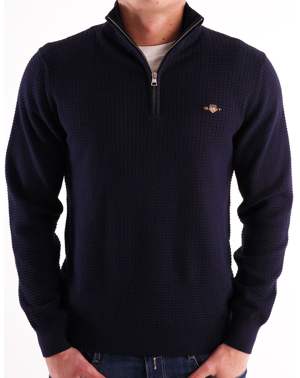 Gant Textured Half Zip Sweater Navy - Image 3
