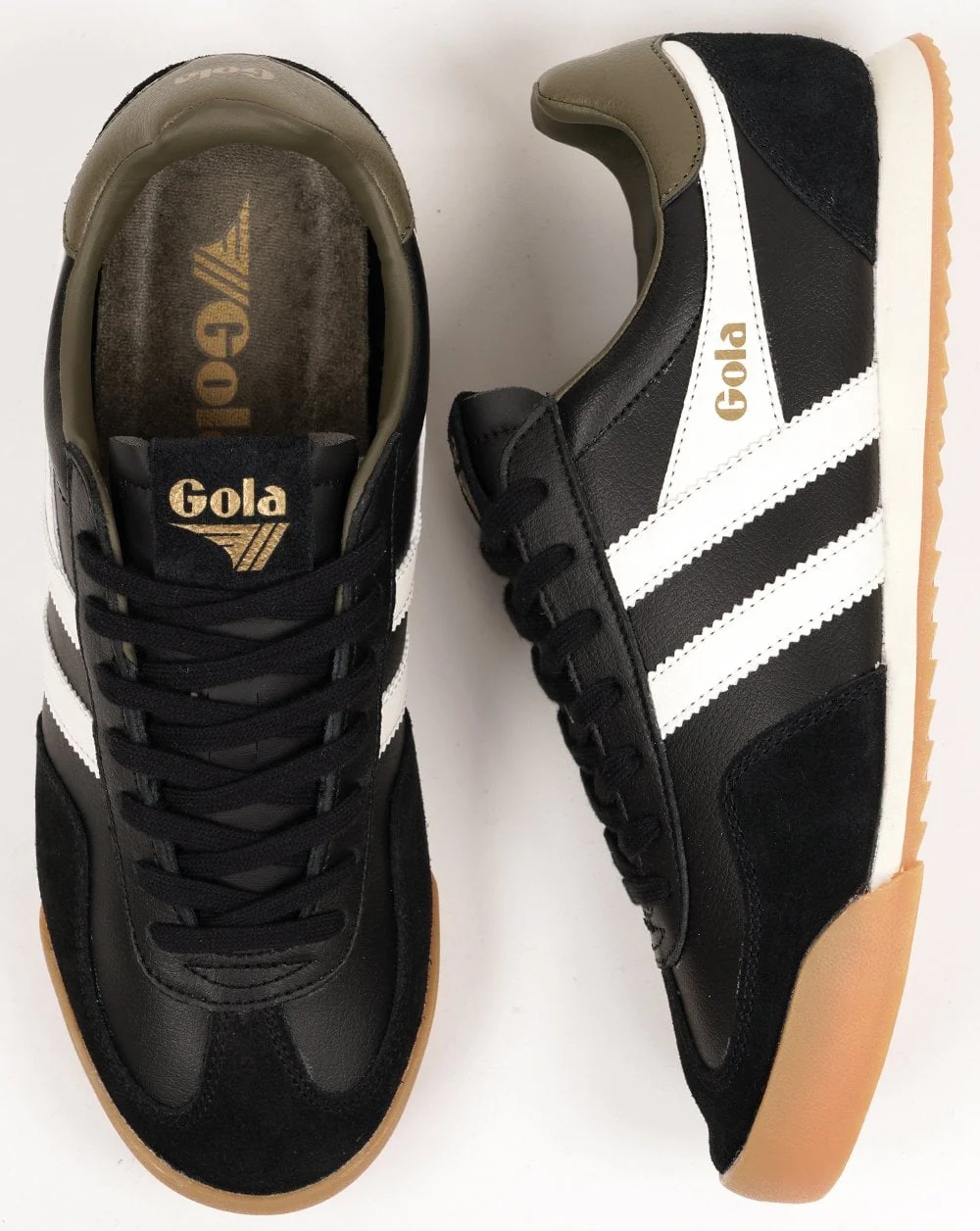 Gola Europa Leather Trainers Black/Off White/Khaki - Image 4
