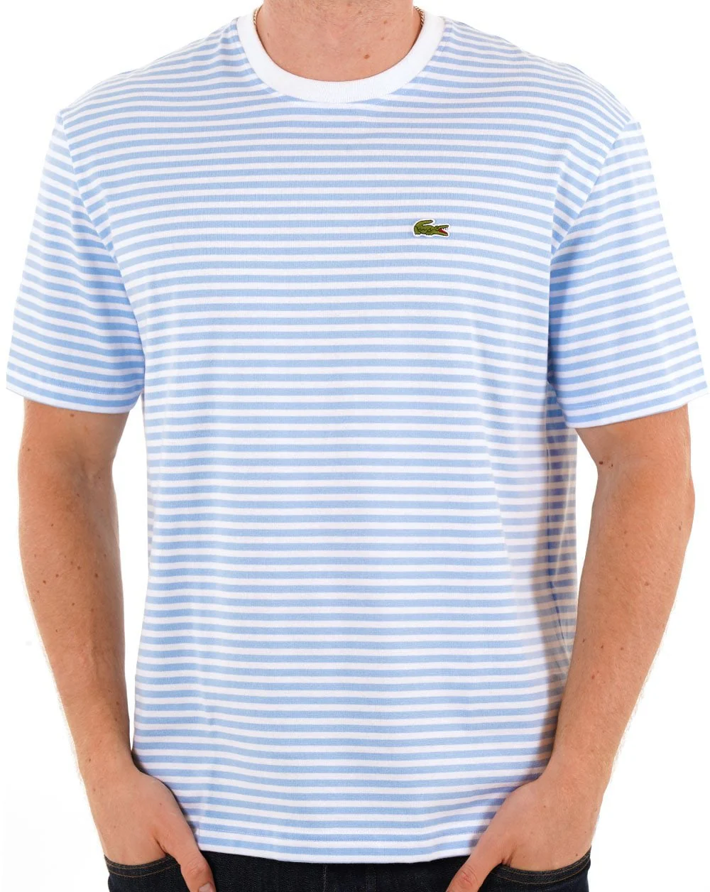 Lacoste Heavy Cotton Striped T Shirt White/Sky Blue