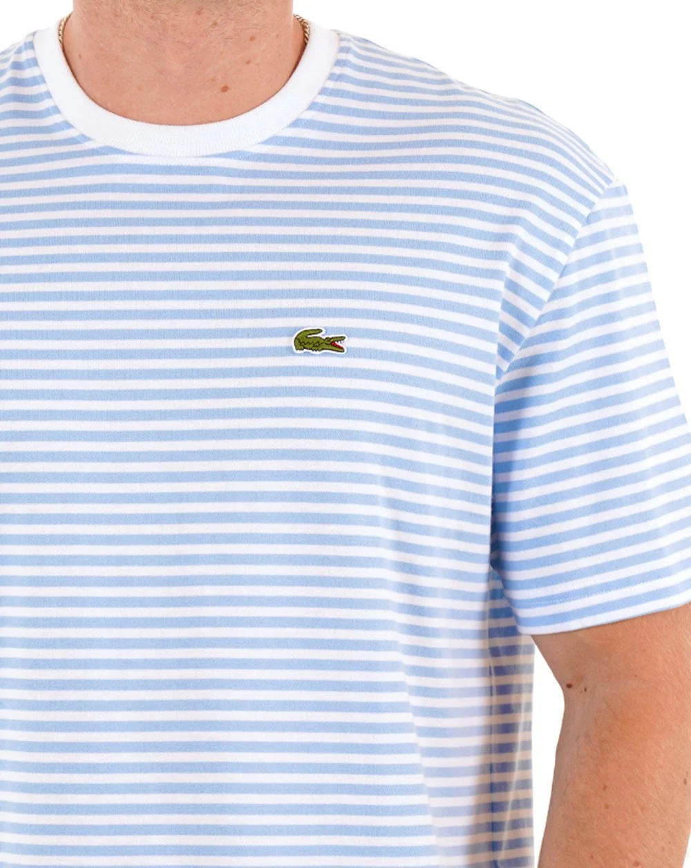 Lacoste Heavy Cotton Striped T Shirt White/Sky Blue - Image 3