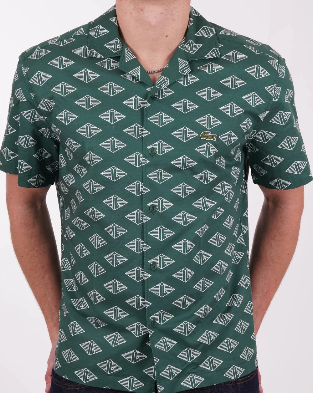 Lacoste Monogram Cuban SS Shirt Green/White - Image 3