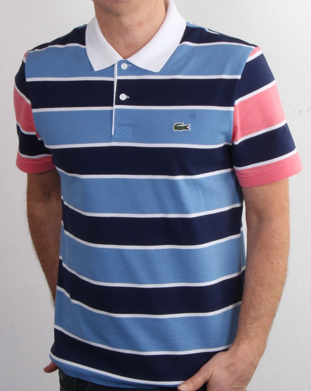Lacoste Striped Polo Shirt Navy/Pink - Image 2