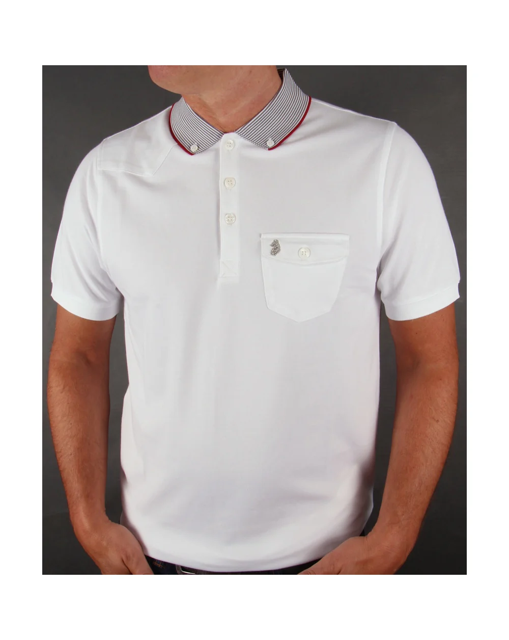 Luke Landbright Striped Collar Polo Shirt White