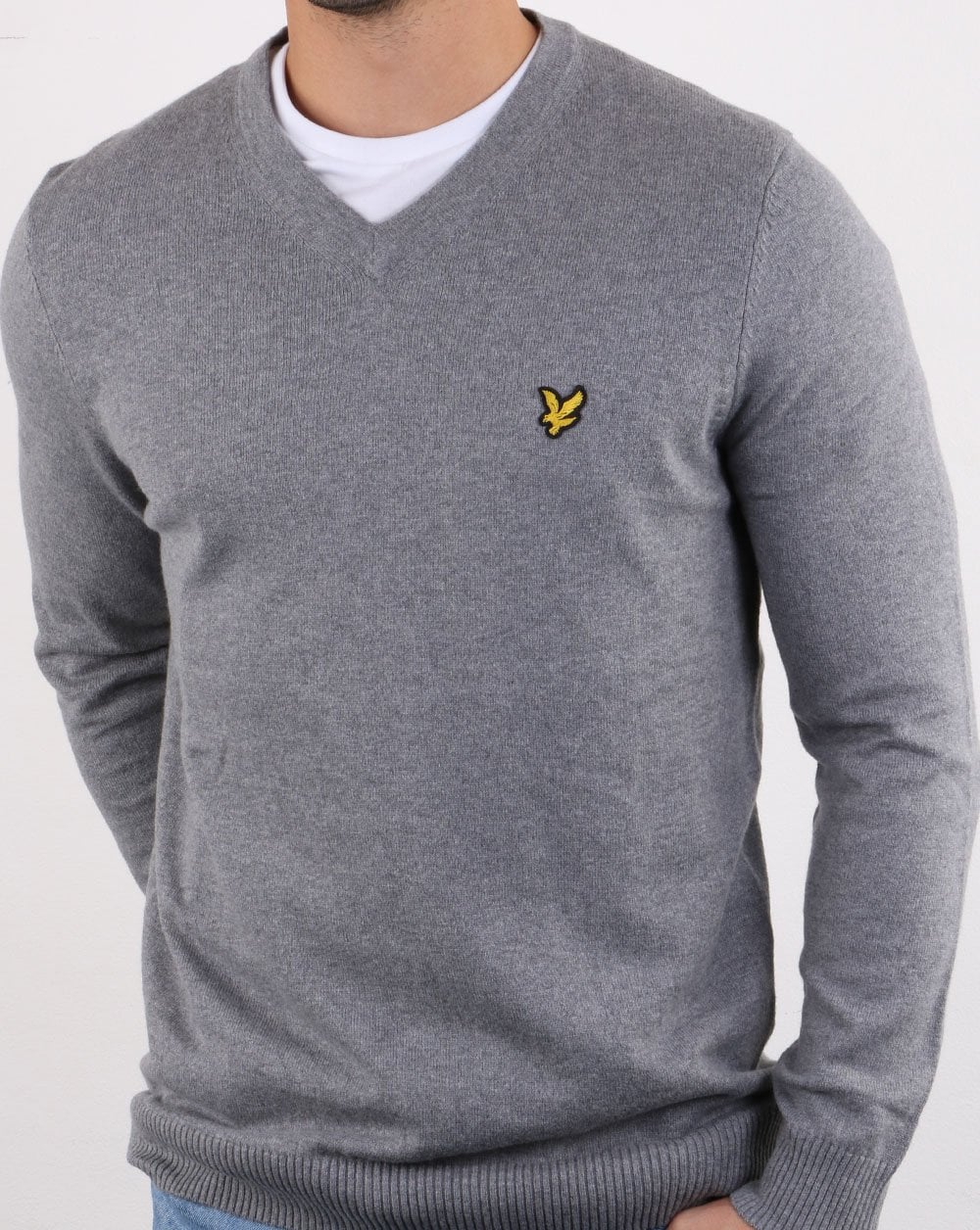 Lyle And Scott Cotton Merino V Neck Jumper Grey Marl - Image 2