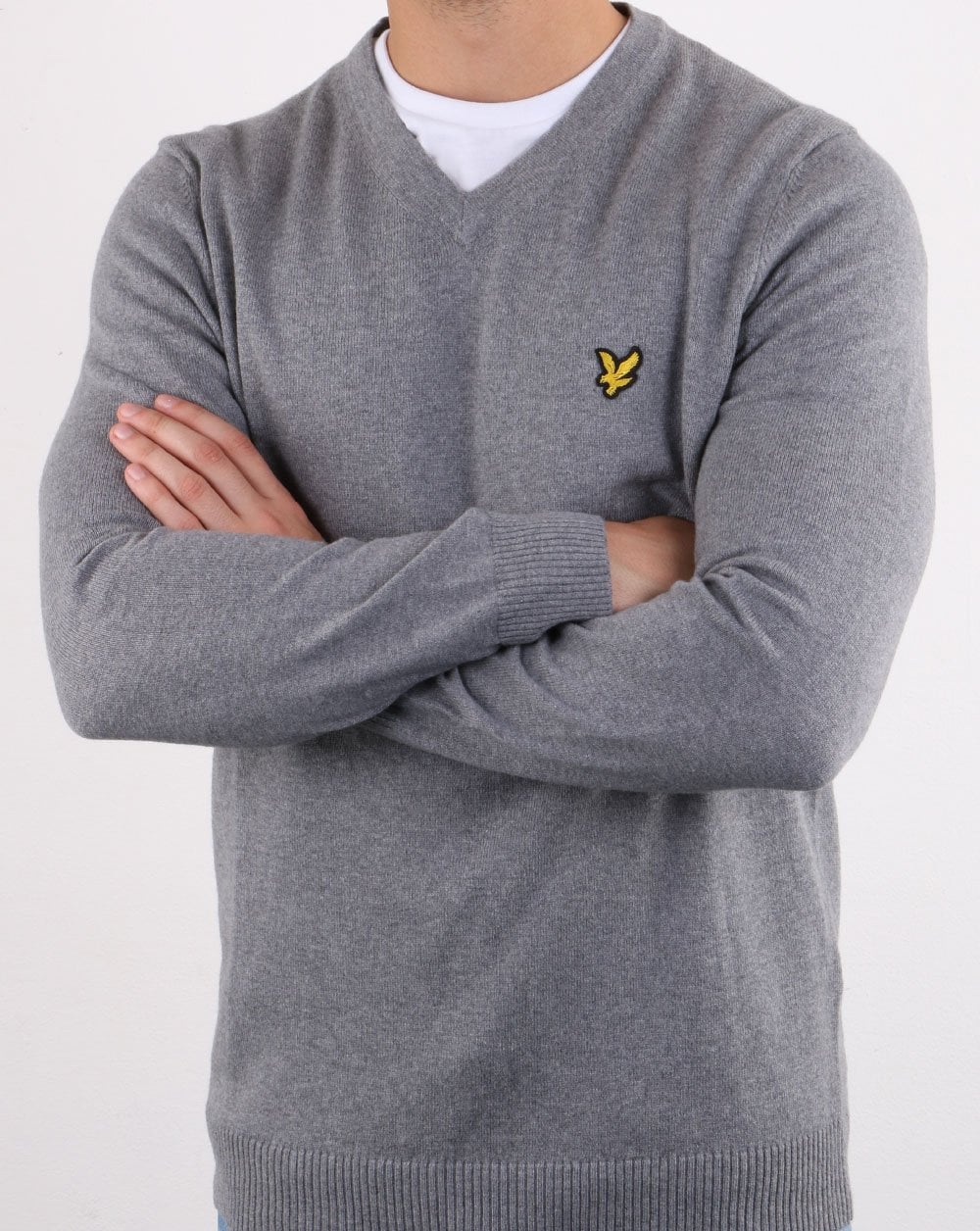 Lyle And Scott Cotton Merino V Neck Jumper Grey Marl - Image 3