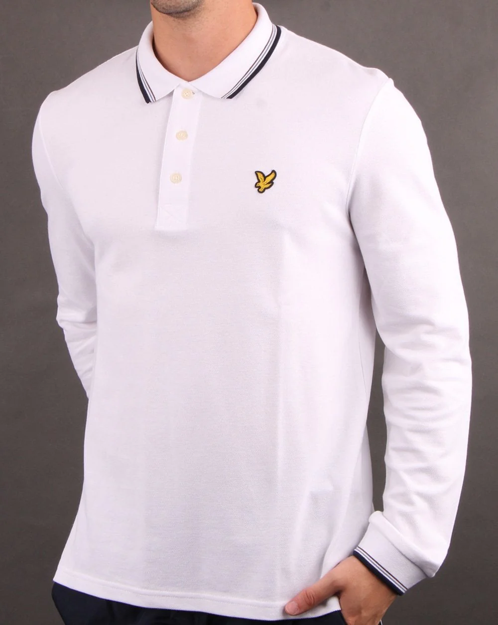 Lyle And Scott Long Sleeve Tipped Polo Shirt White/Navy - Image 2