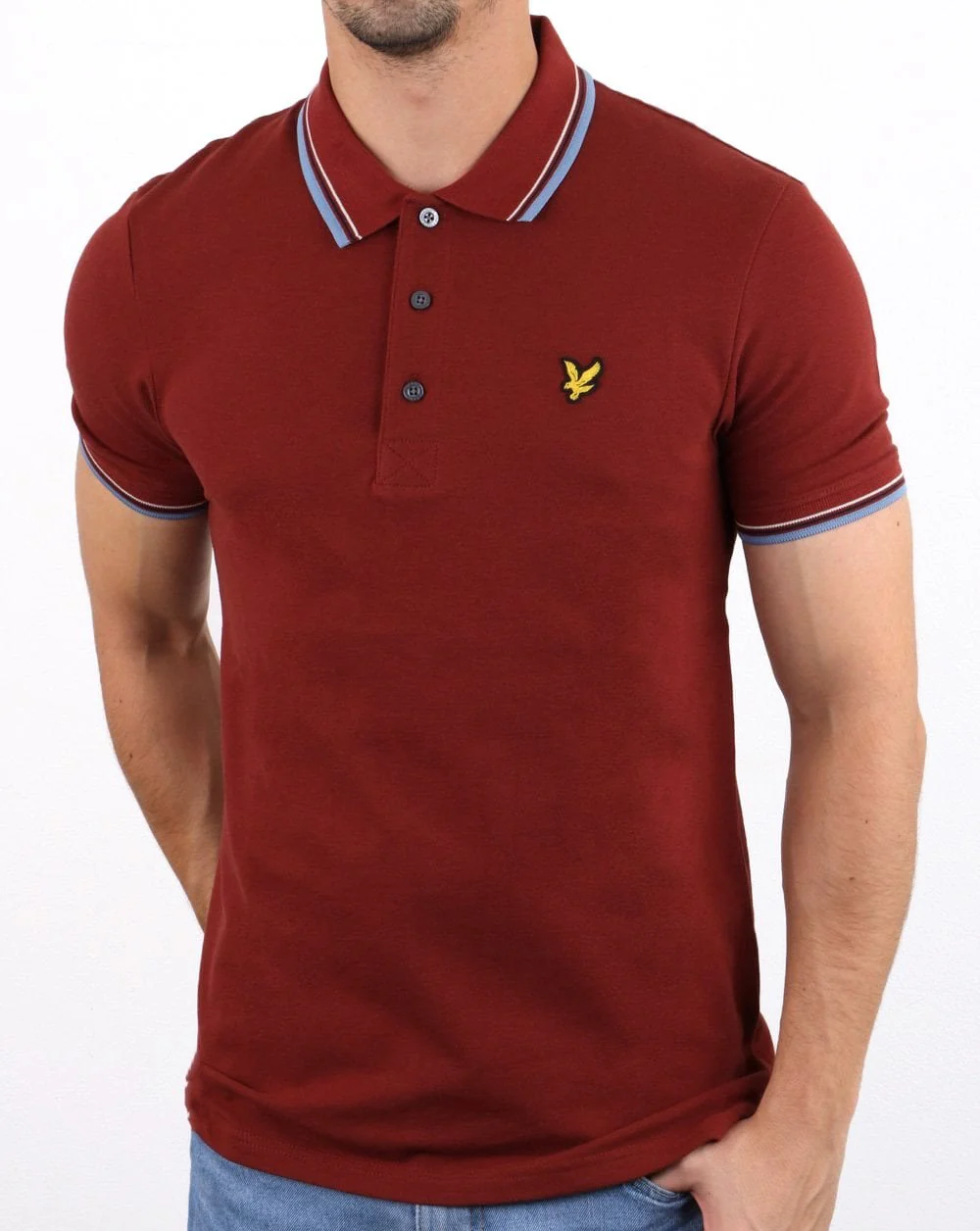 Lyle And Scott Tipped Slim Fit Polo Shirt Claret/Sky Blue - Image 2