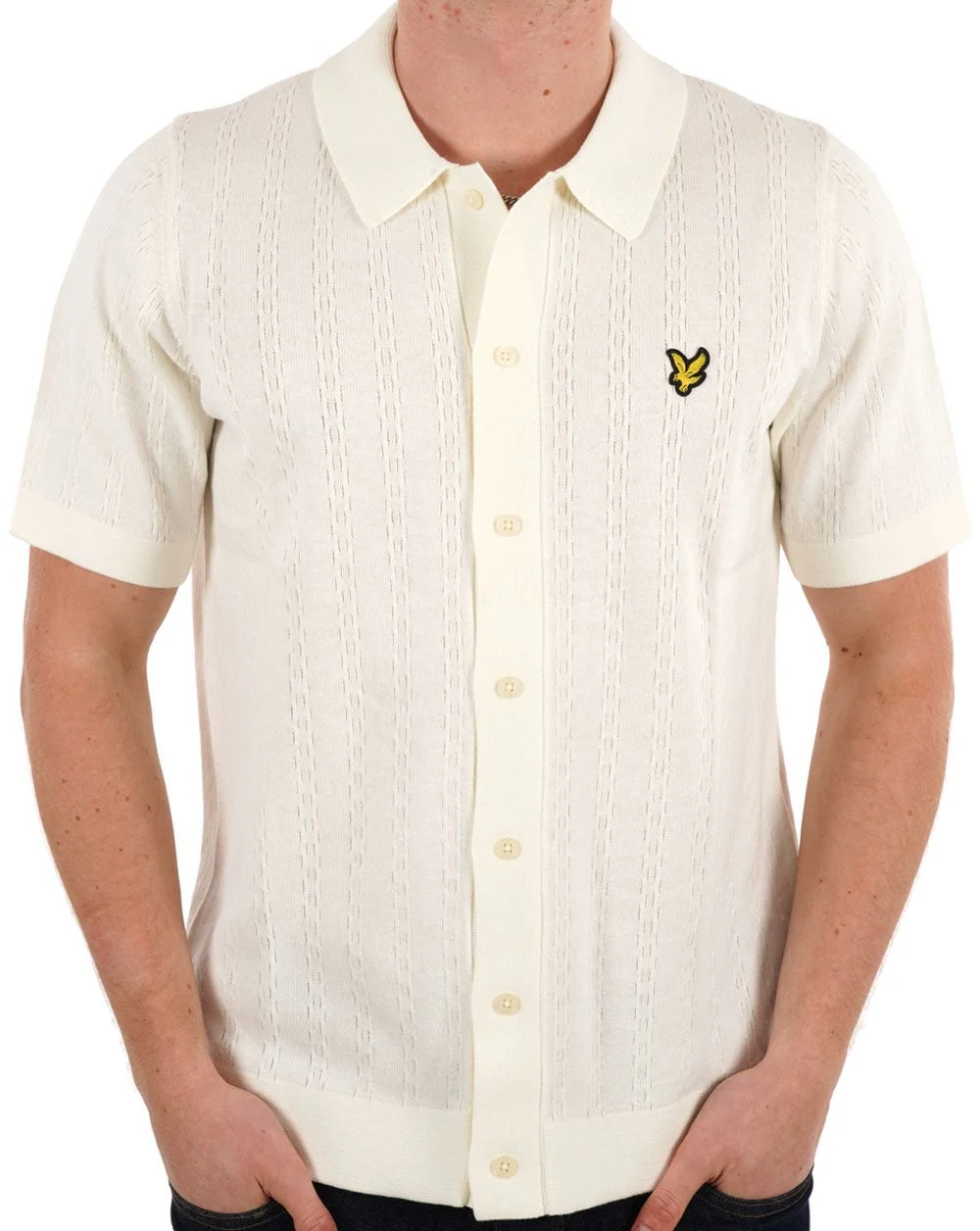 Lyle & Scott Textured Stripe Knit Shirt Chalk - Image 3