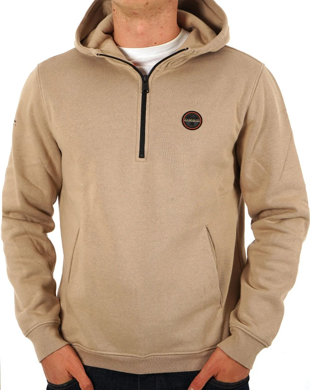 Napapijri Badge Half Zip Hoody Beige Rocky - Image 3