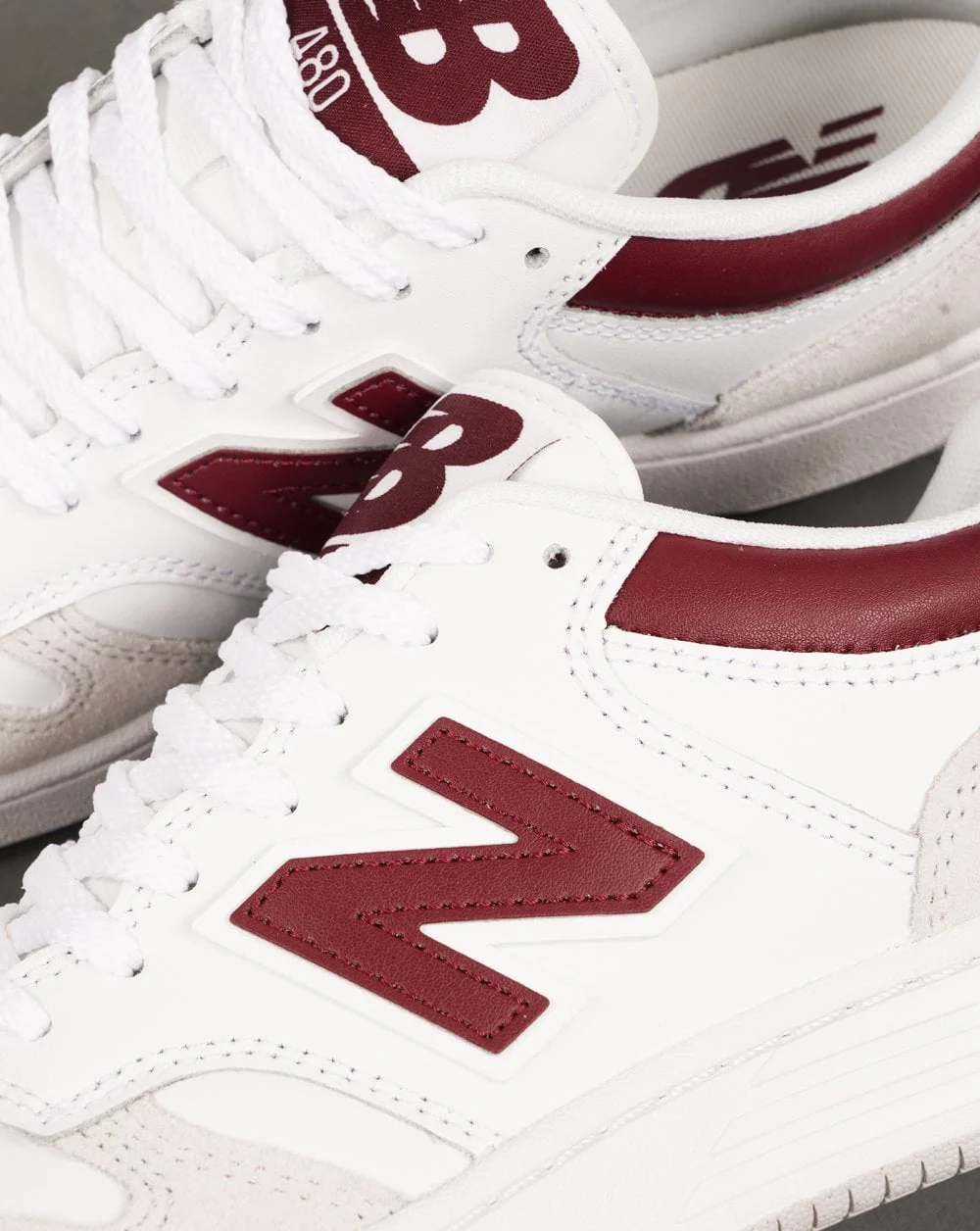 New Balance 480 Trainers White/Beige/Dark Red - Image 3