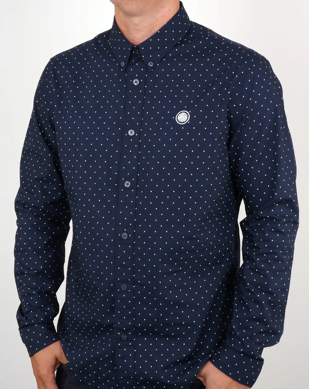 Pretty Green Horlock Long Sleeve Polka Dot Shirt Navy