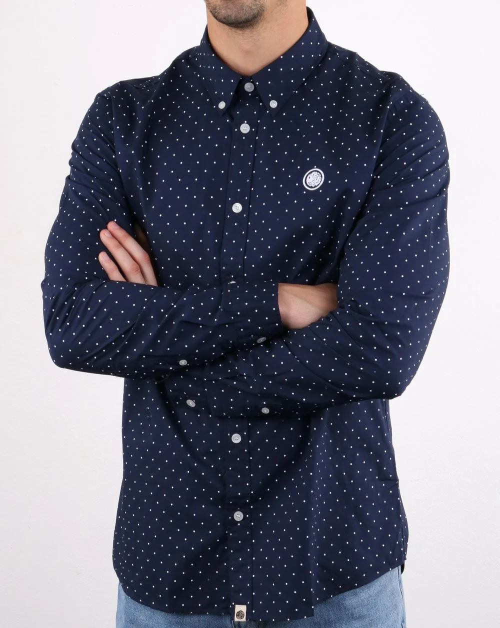 Pretty Green Horlock Long Sleeved Polka Dot Shirt Navy - Image 3