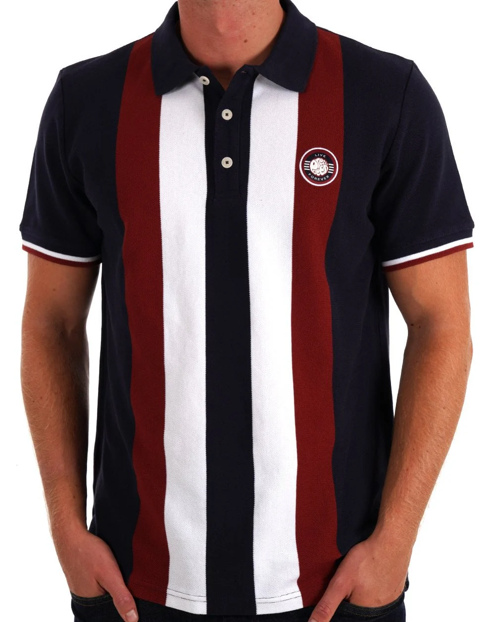 Pretty Green Live Forever Engineered Stripe Polo Navy - Image 3