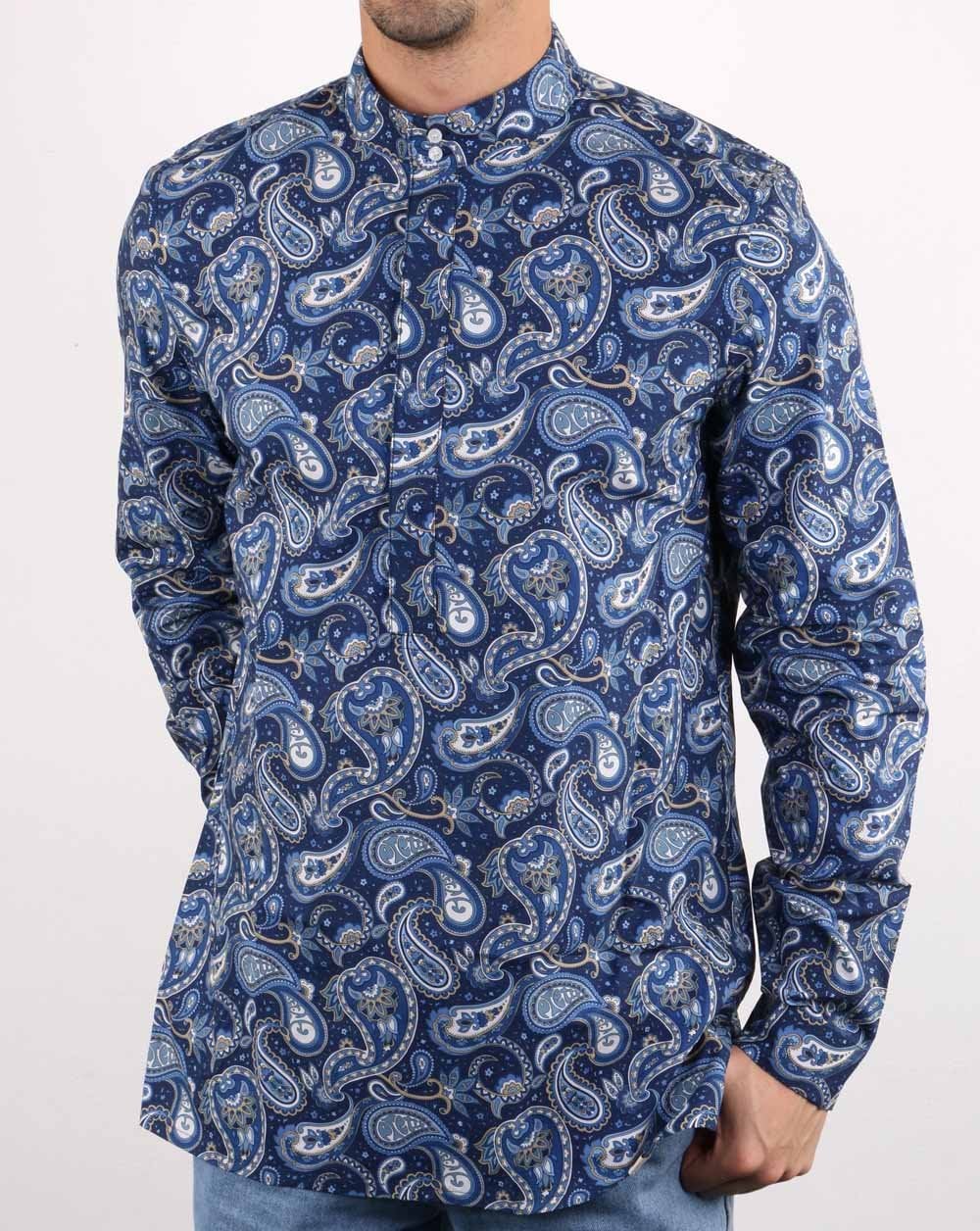 Pretty Green Mens Paisley Print Kaftan Shirt Navy - Image 2
