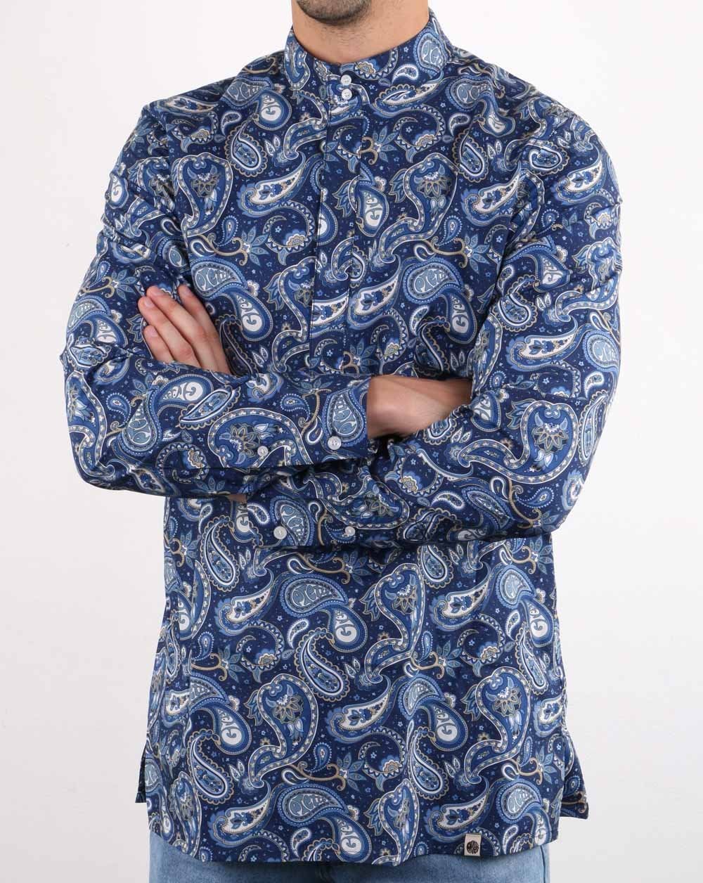 Pretty Green Mens Paisley Print Kaftan Shirt Navy - Image 3