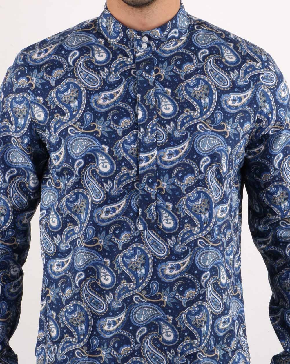 Pretty Green Mens Paisley Print Kaftan Shirt Navy - Image 4