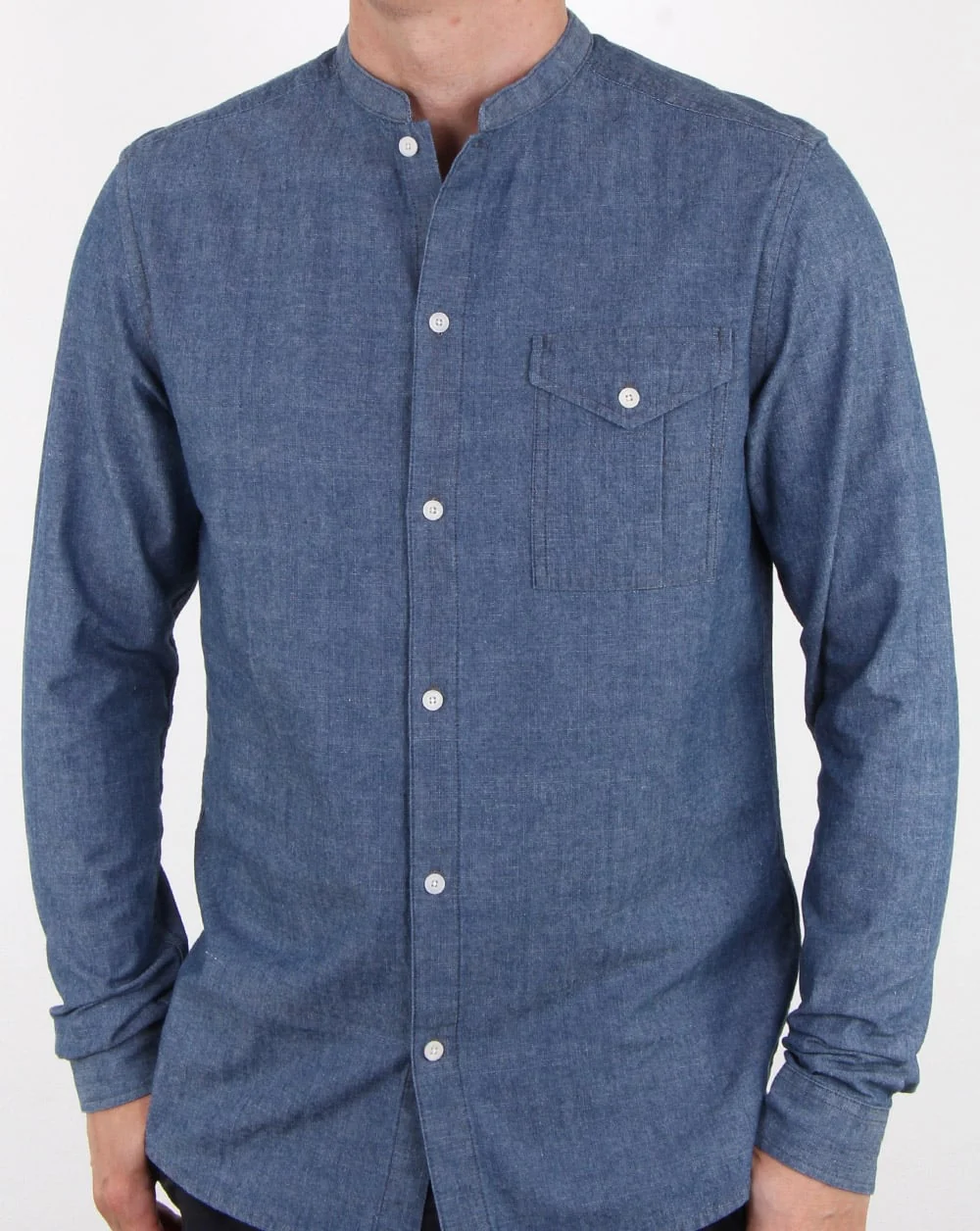 Pretty Green Nightingale Collarless Shirt Indigo