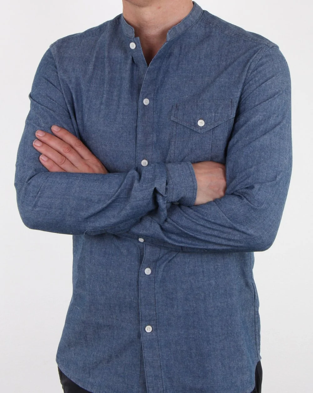 Pretty Green Nightingale Collarless Shirt Indigo - Image 3