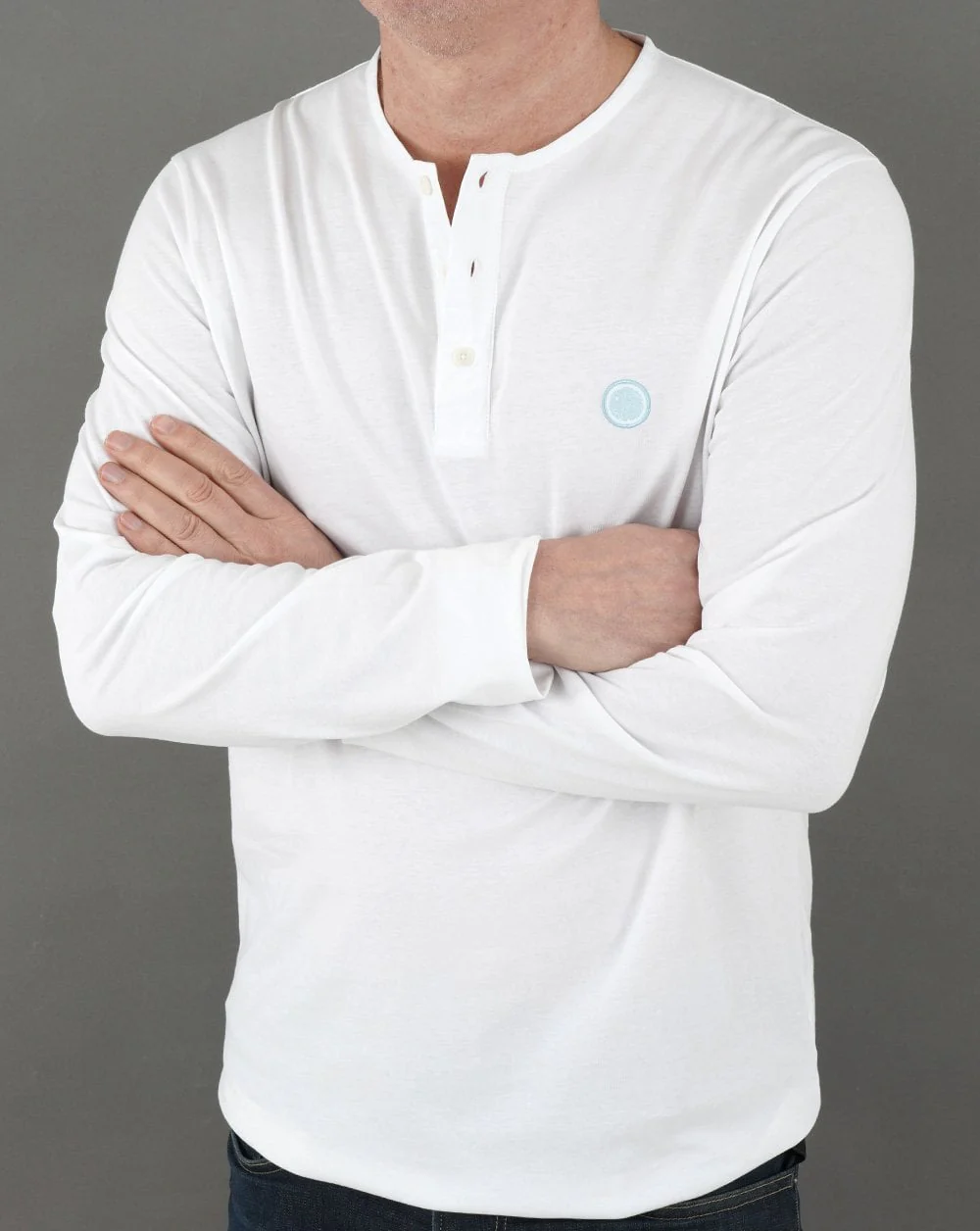 Pretty Green Poplin Grandad LS T-shirt White - Image 3