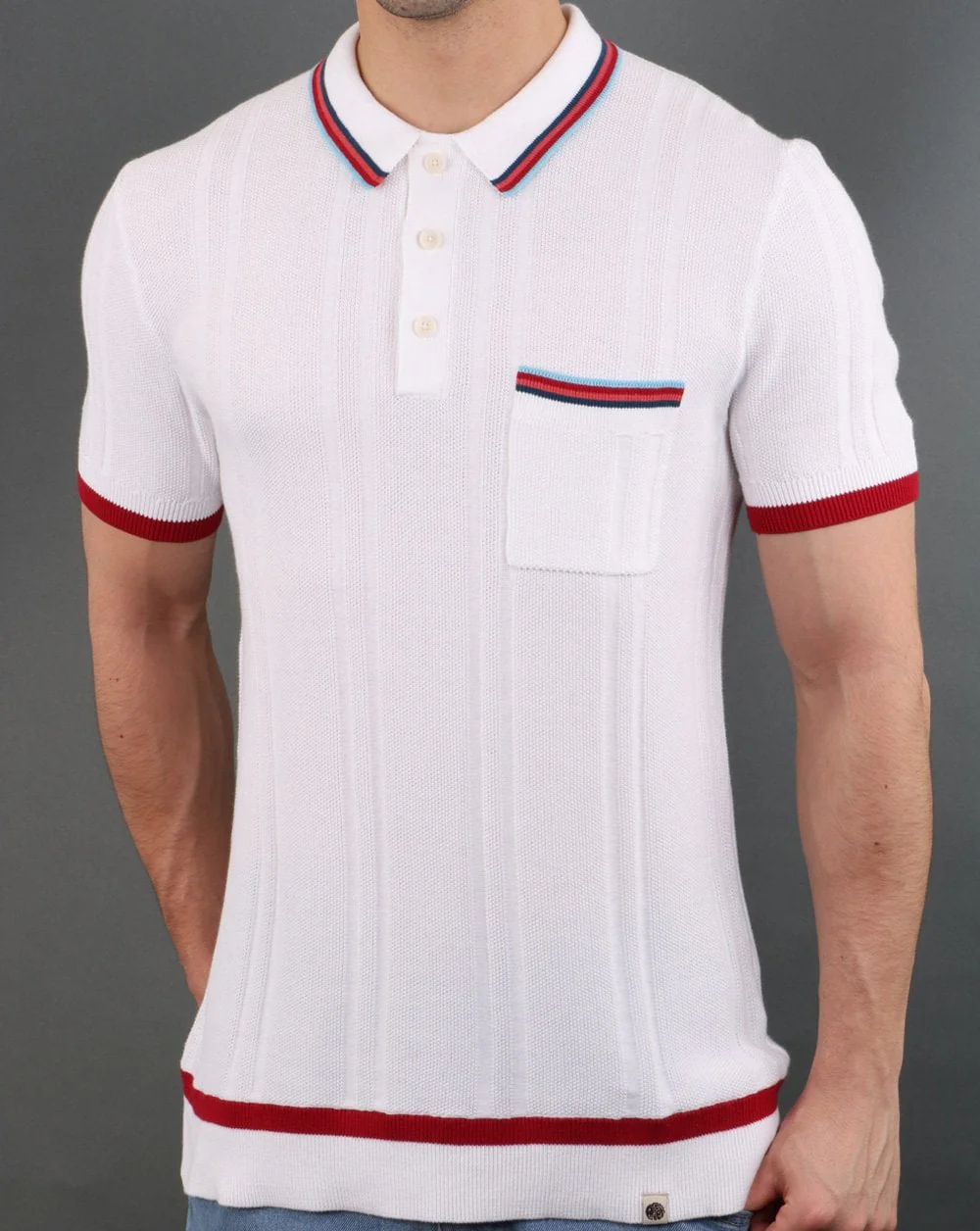 Pretty Green Stripe Pocket Knitted Polo Shirt White - Image 2