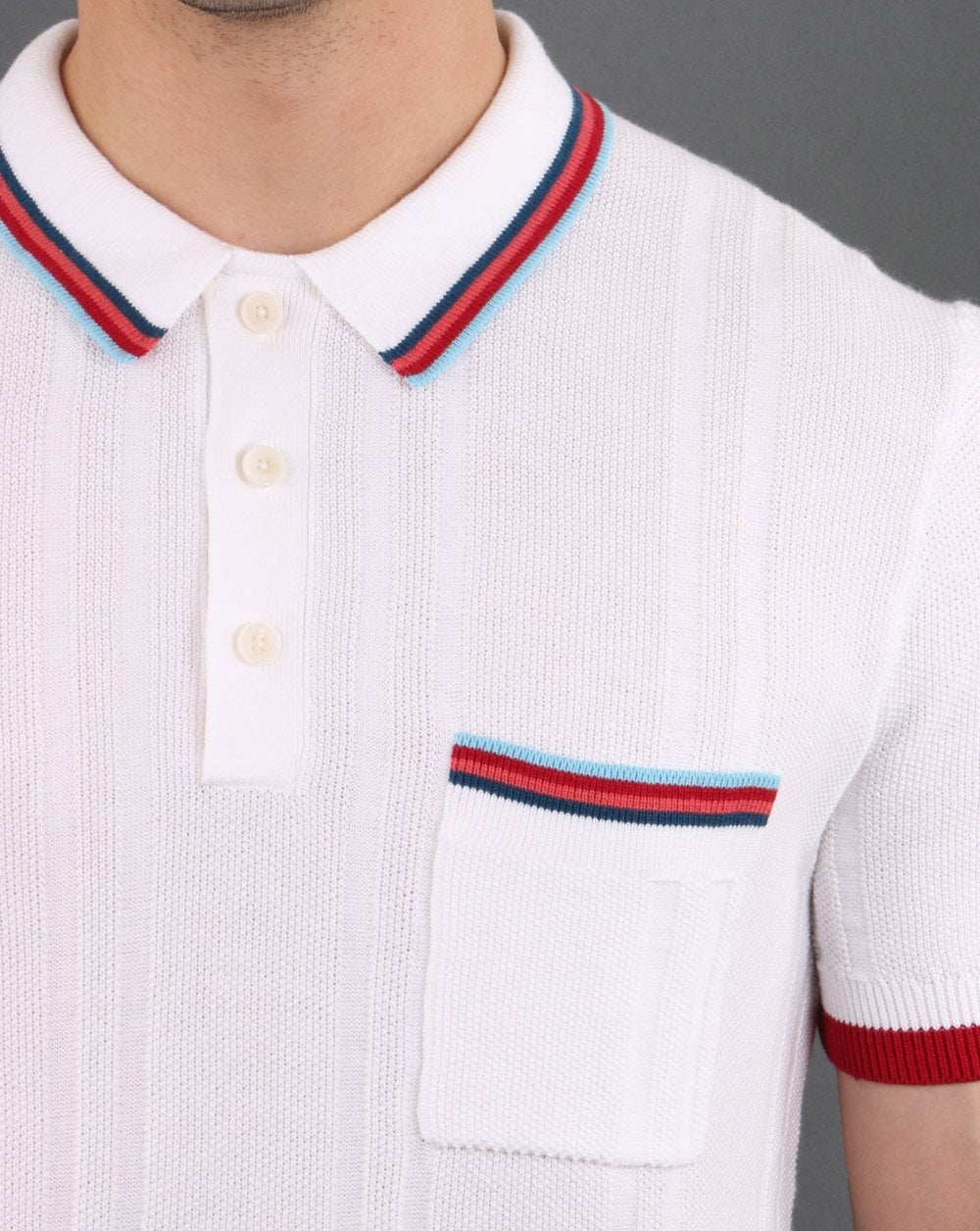 Pretty Green Stripe Pocket Knitted Polo Shirt White - Image 4