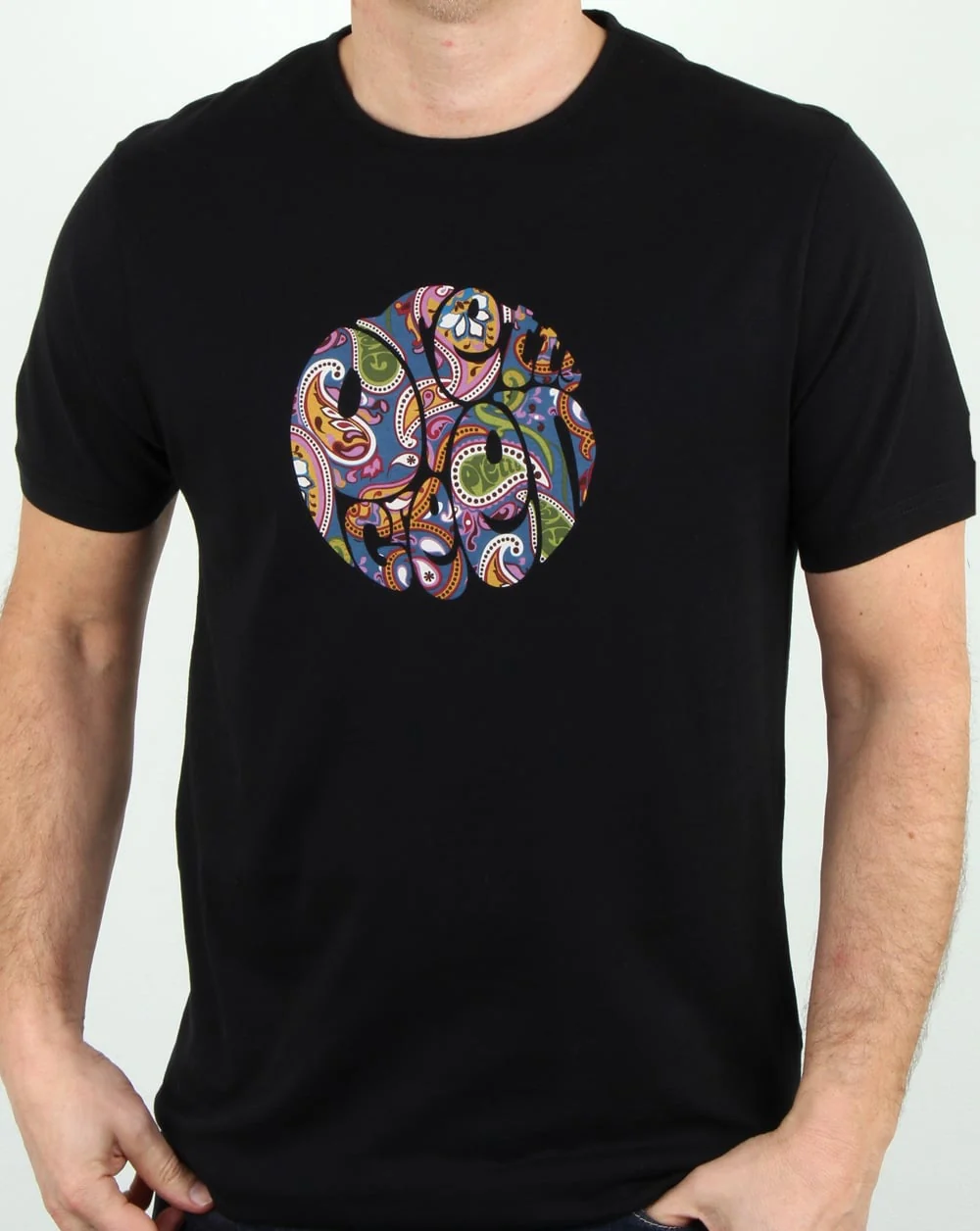 Pretty Green Thornley Paisley Logo T Shirt Black Vintage