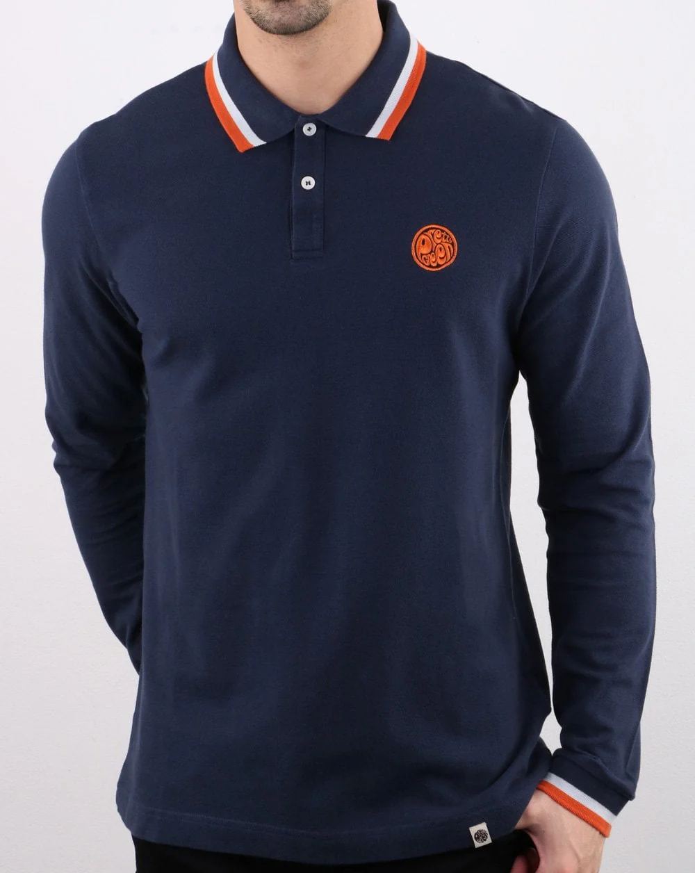 Pretty Green Tipped Long Sleeve Polo Navy - Image 3