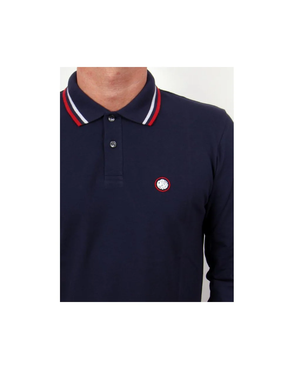 Pretty Green Tipped Long Sleeve Polo Shirt Navy - Image 2
