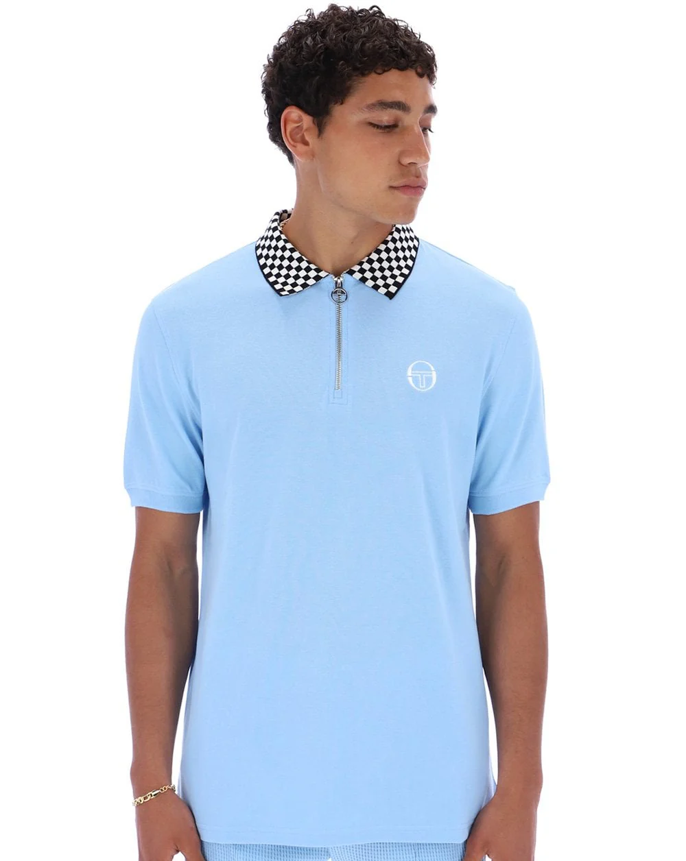 Sergio Tacchini Check Zip Polo Shirt Sky - Image 4