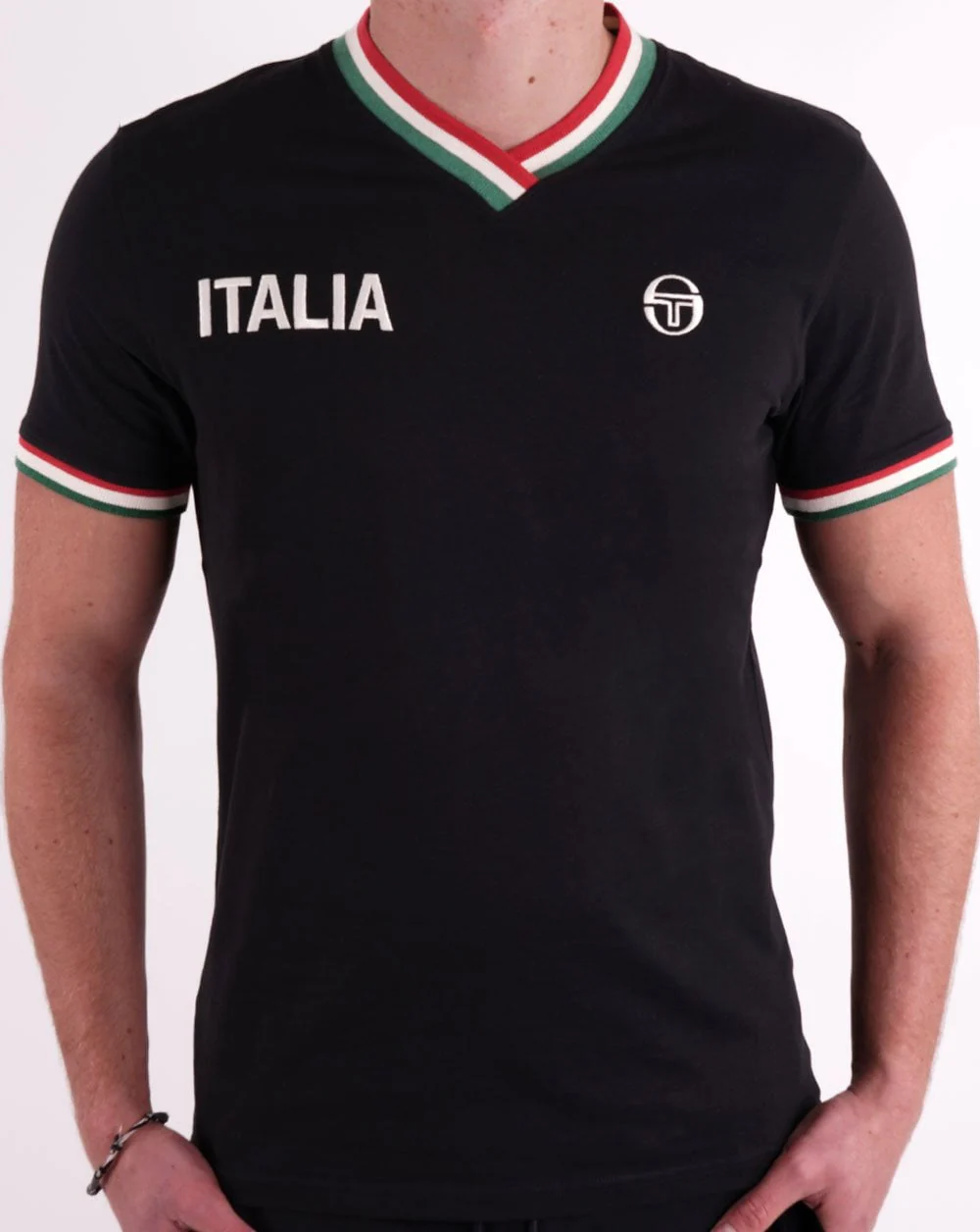 Sergio Tacchini Italia V Neck T Shirt Black - Image 3