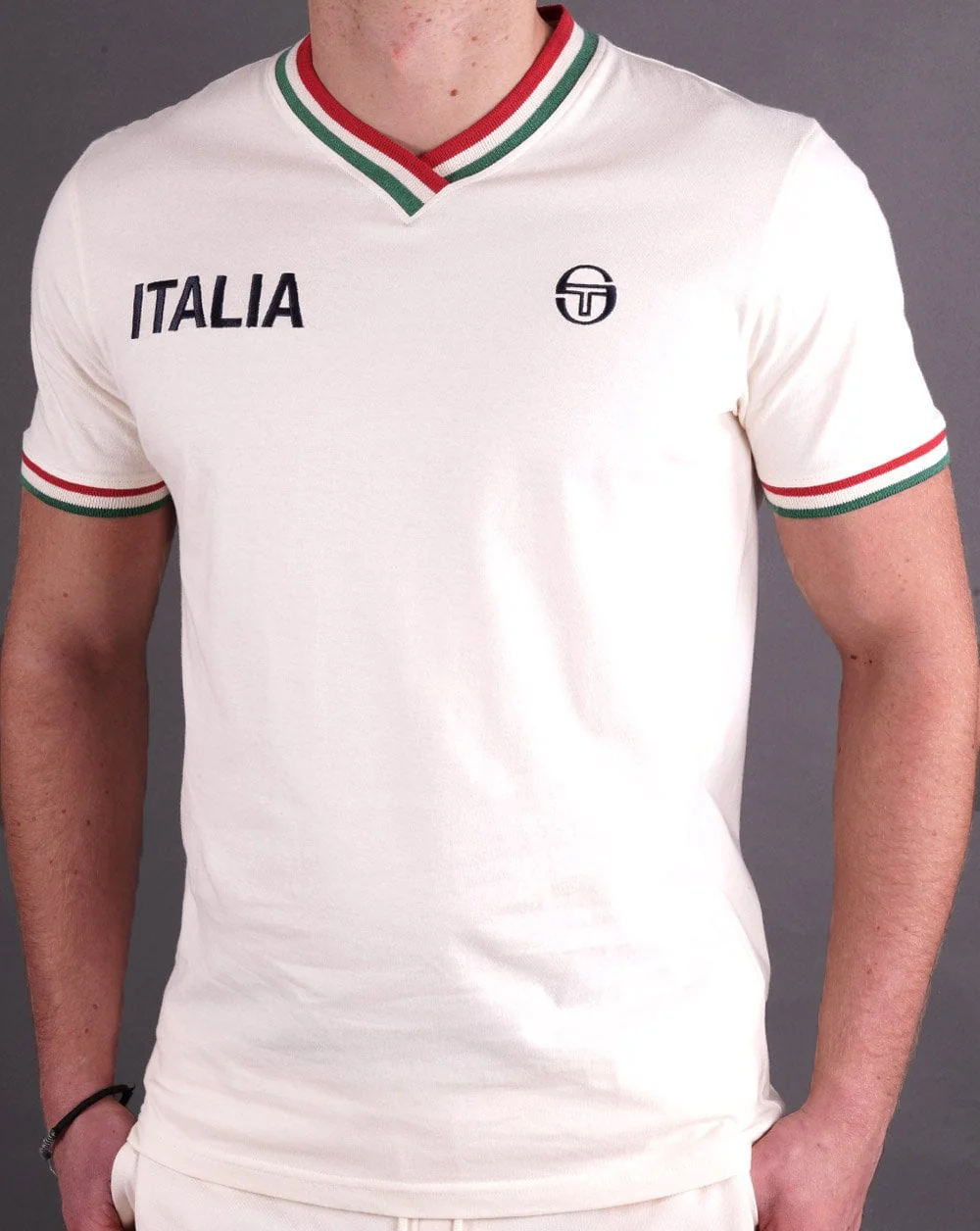 Sergio Tacchini Italia V Neck T Shirt Buttercream - Image 4