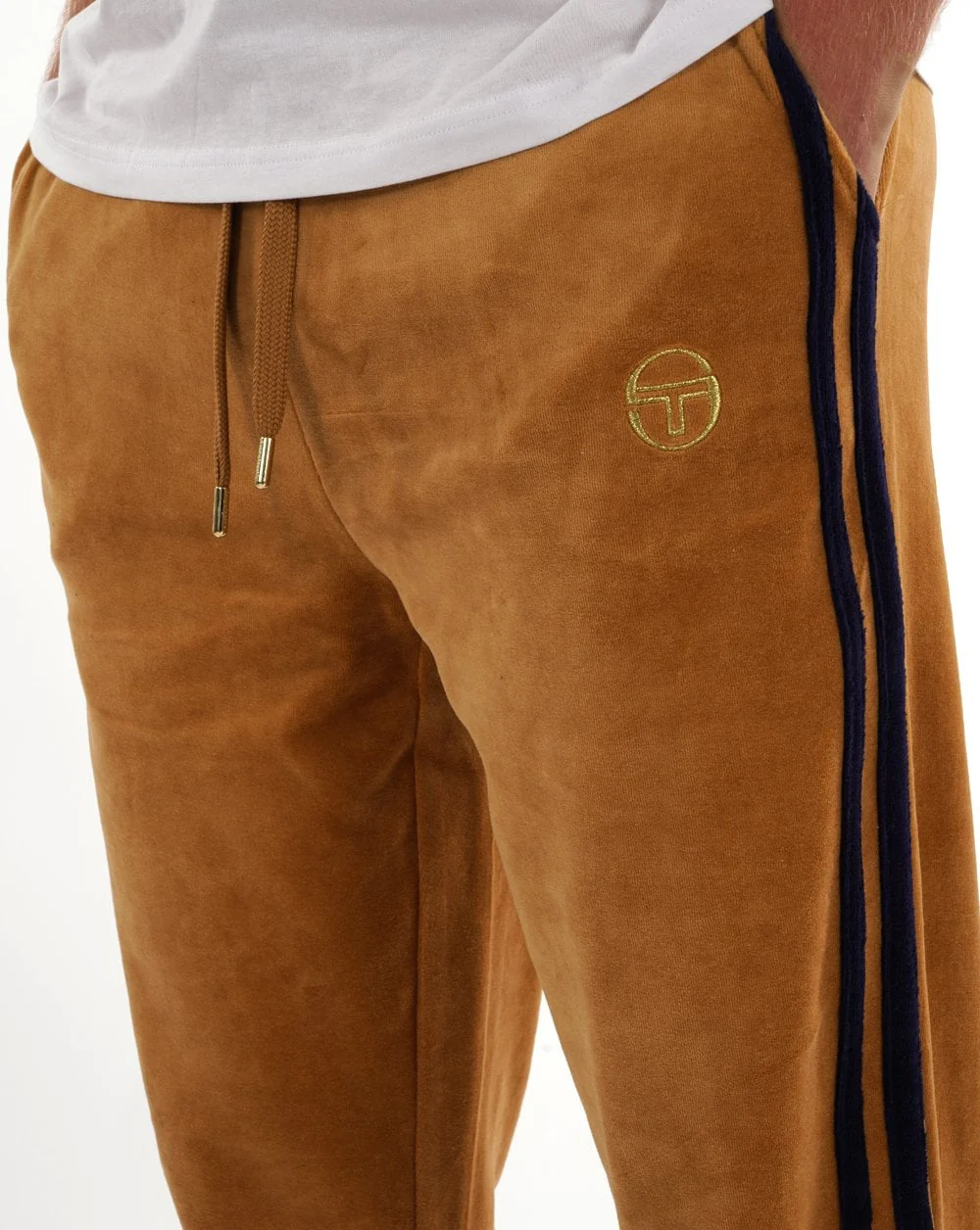 Sergio Tacchini Masters Velour Track Pants Tan / Navy Blue - Image 2