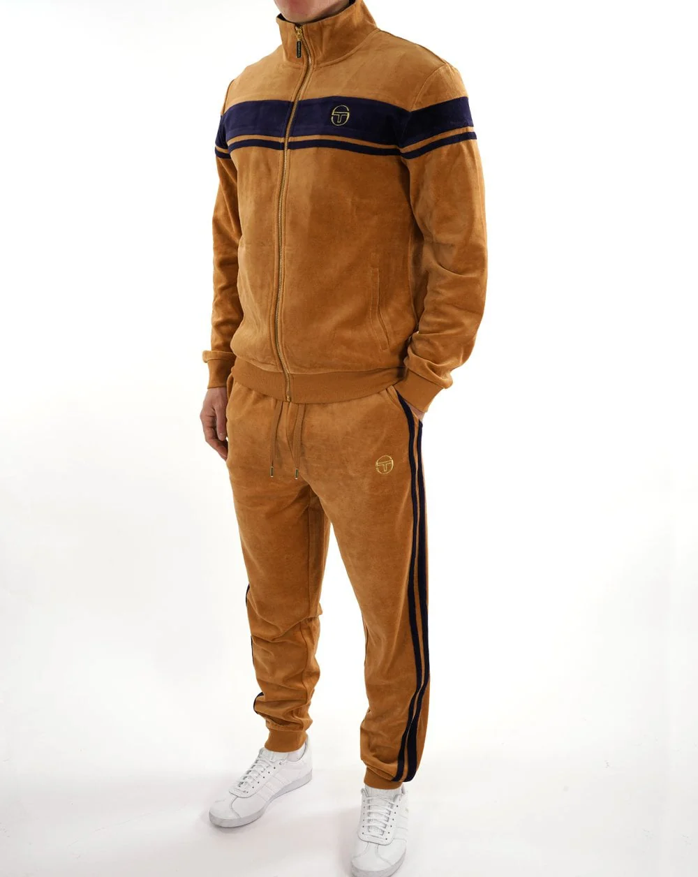 Sergio Tacchini Masters Velour Track Pants Tan / Navy Blue - Image 4
